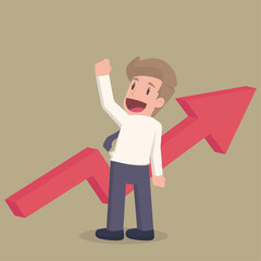 Business development and success concept. Young positive businessman standing pointing up with arrows feeling confident with growth and development illustration vector