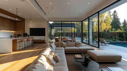 Modern open plan living room combining kitchen and patio with pool