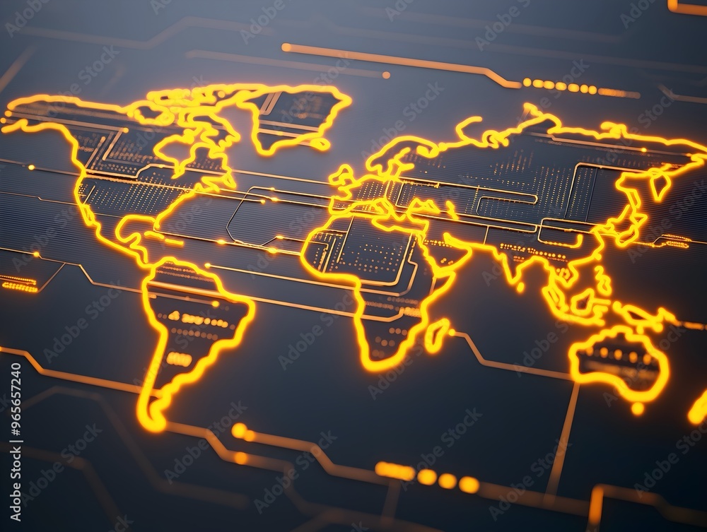 Aufkleber glowing digital circuit world map highlighting global connectivity, advanced technology, and the int