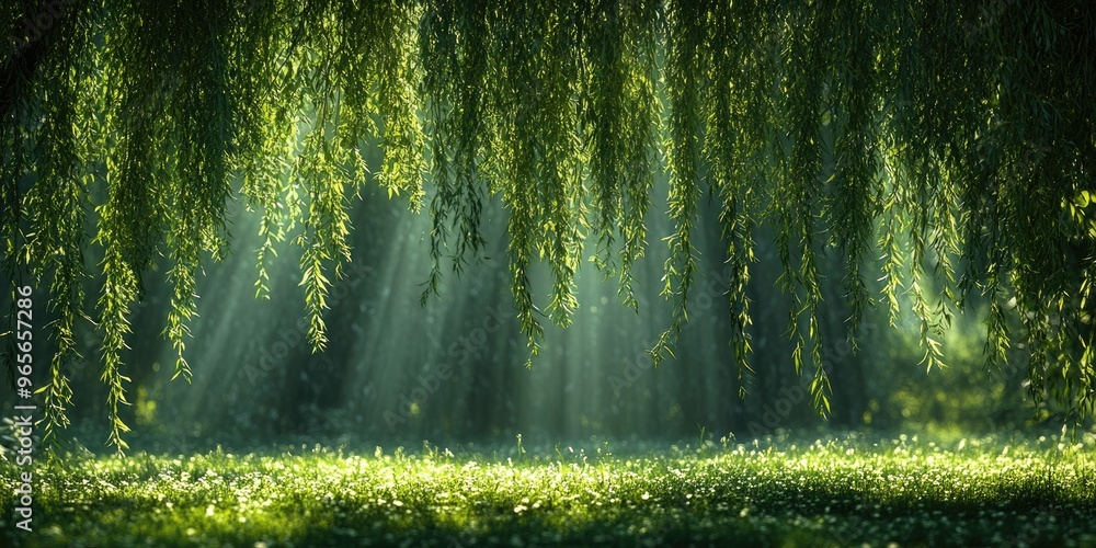 Poster sunlight shining through willow tree branches in spring forest