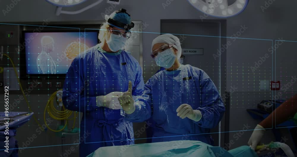 Poster animation of medical data processing over diverse surgeons in face masks