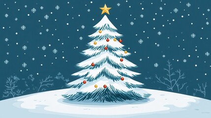 Obraz premium A beautifully designed Christmas tree adorned with ornaments stands gracefully in a snowy landscape under a night sky filled with falling snowflakes