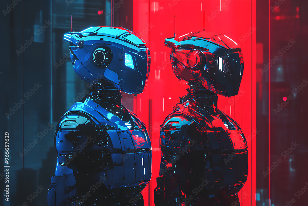 Poster two futuristic robots in a neon-lit environment, showcasing advanced technology and design.