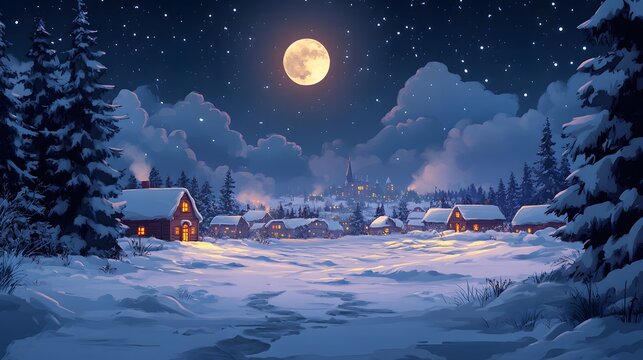 Snowy winter village with a distant cityscape and a full moon in the night sky, ideal for holiday designs in a cartoon vector style.