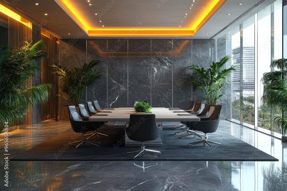 Poster modern boardroom with a view featuring a large meeting table and comfortable chairs