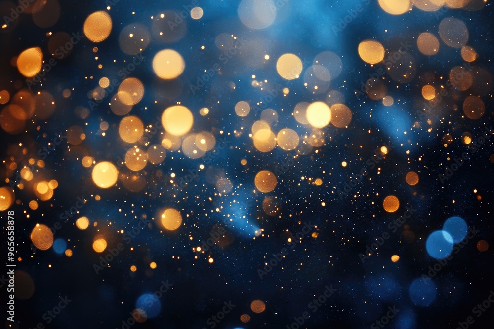 Poster Abstract blue background with golden bokeh and glittering particles