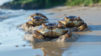 Fototapeta premium Crabs walking on the beach towards the ocean at low tide