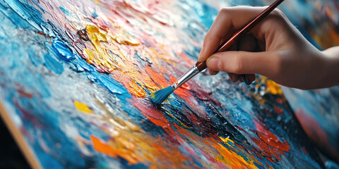 Obraz premium Young woman paints a vibrant abstract oil masterpiece in her colorful studio. Her passion and skill shine through every brushstroke