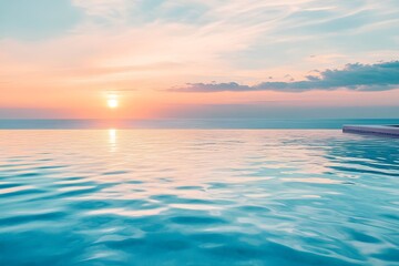 Obraz premium Stunning sunset reflected in calm infinity pool by the ocean at twilight. Generative AI