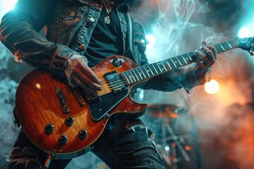 Obraz premium Guitarist playing electric guitar on stage with scenic lighting