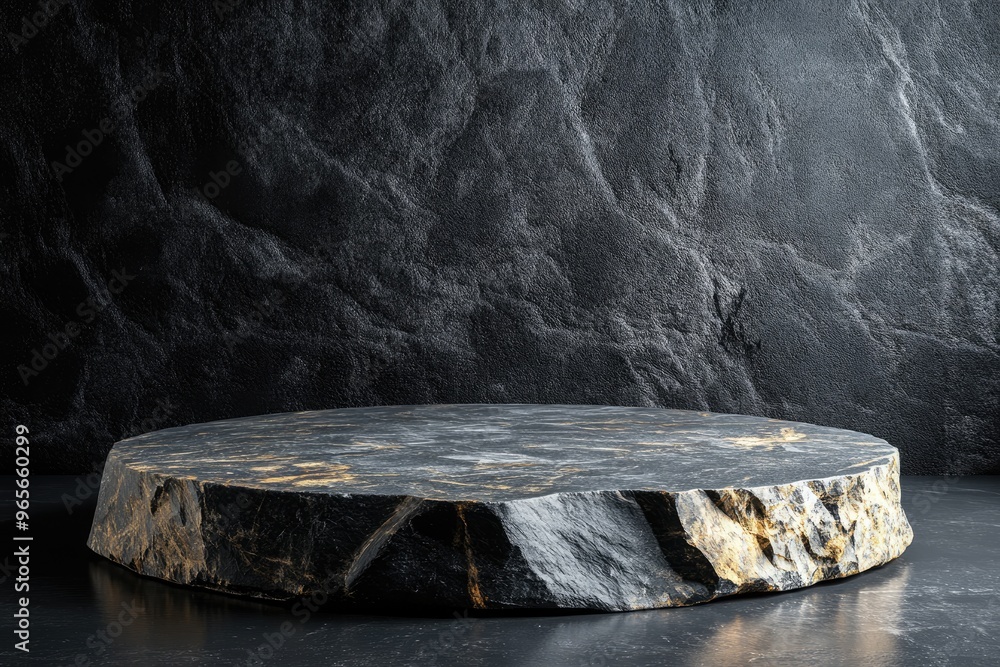 Poster round empty marble podium on black background for product placement