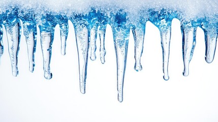 Sharp icicles hanging from a snow covered roof with white background