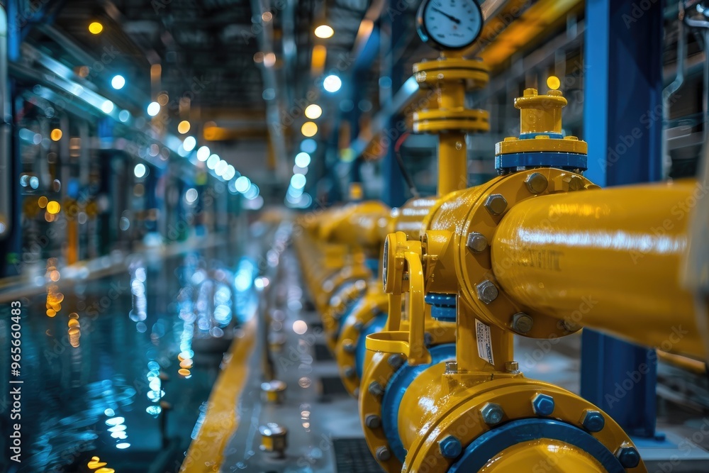 Aufkleber yellow pipeline system running inside factory building