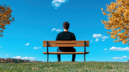 A serene scene of a person sitting on a bench, gazing at a vibrant blue sky with fluffy clouds and autumn foliage.