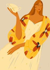 Illustration of the figure of a woman. Interior poster, postcard