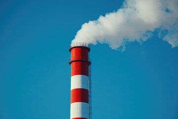 Industrial chimney emitting smoke into the atmosphere on blue sky