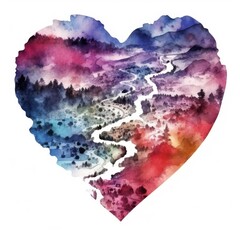 Fototapeta premium Heart watercolor map landscape outdoors nature.