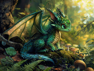 Close-up of a baby dragon in the forest