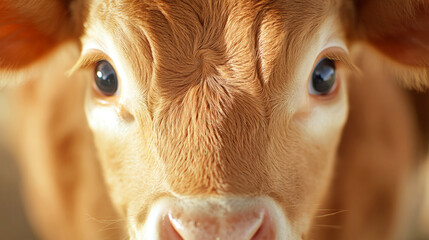 A lively calf gazes playfully with bright eyes, framed by soft blurred tones that emphasize her youthful charm