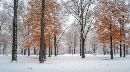 Fototapeta premium Snow covering ground in forest with orange and white trees