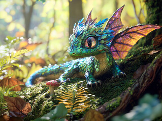 Obraz premium Close-up of a baby dragon in the forest