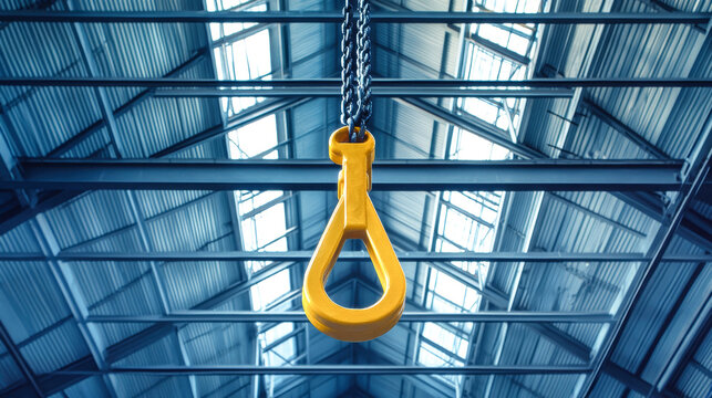 A yellow crane hook dangles from a grey steel ceiling in a spacious warehouse, highlighting the industrial atmosphere and functional design