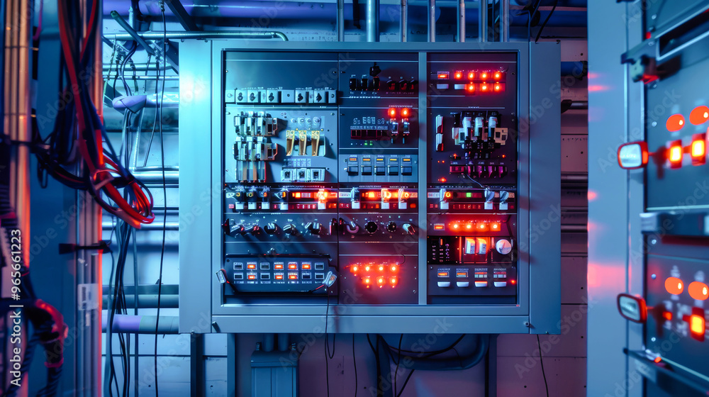 Poster a sophisticated control panel features numerous switches and wires, glowing with blue lighting in a 