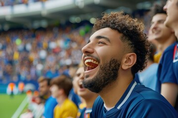 Naklejka premium Joyful soccer fan in a crowded stadium enthusiastically cheering during a match, showing excitement and team spirit.