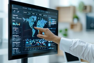 Close-up of a hand pointing at a digital screen displaying global data analytics, emphasizing business insights and technological analysis.