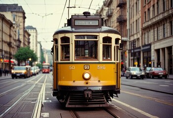 A vintage tram in the background adding a nostalgic touch Sugges
