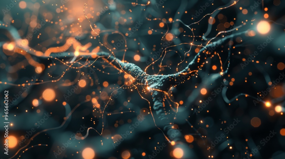 Poster 3D animation of neural network in cyberspace with glowing connections and nodes