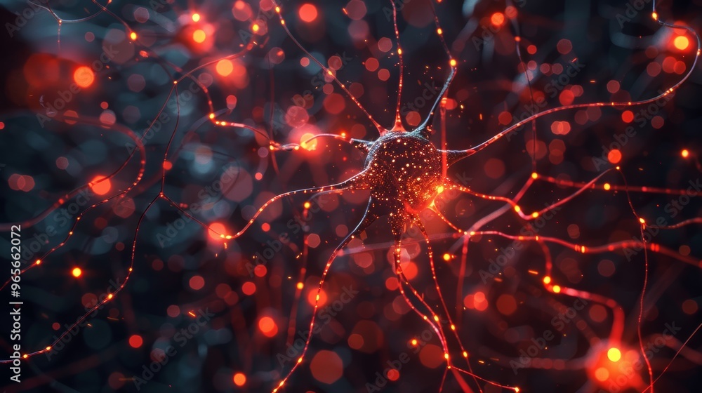 Poster 3D rendering of neural network with glowing connections and digital particles