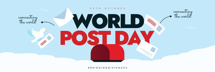 World Post day 9th October celebration cover banner. Post day banner design with red post box, letters flying in sky, pigeons. The day recognizes the importance of postal services for connecting world