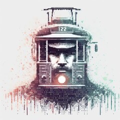 Naklejka premium ASCII Art x Watercolor The tram driver's close up is rendered in