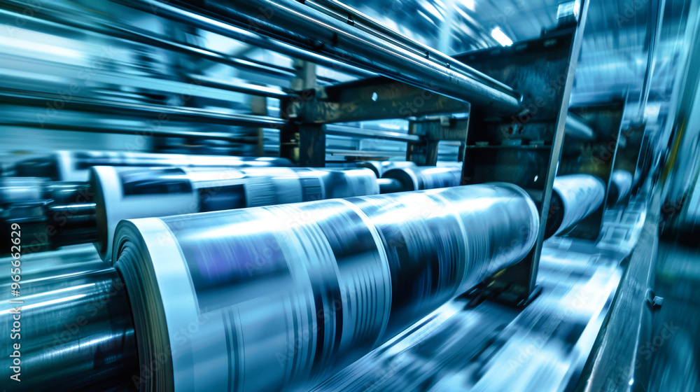 Poster black rolls rapidly move through the printing press, showcasing the efficient operation of a bustlin