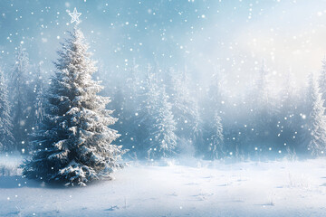A serene winter scene featuring a snow-covered tree amidst a snowy forest backdrop.