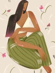 Illustration of the figure of a woman. Interior poster, postcard