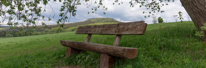 Panoramic image. Empty wooden bench in front of the mountain under a deciduous tree