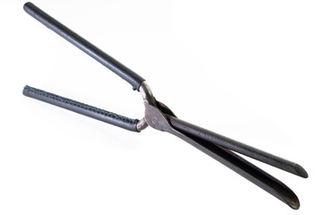Ancient barber pair of tongs on white background. Vintage curling iron. beauty concept