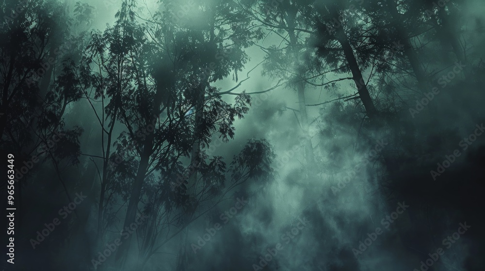Poster mist-covered forest with dark trees and eerie atmosphere, faint light filtering through fog