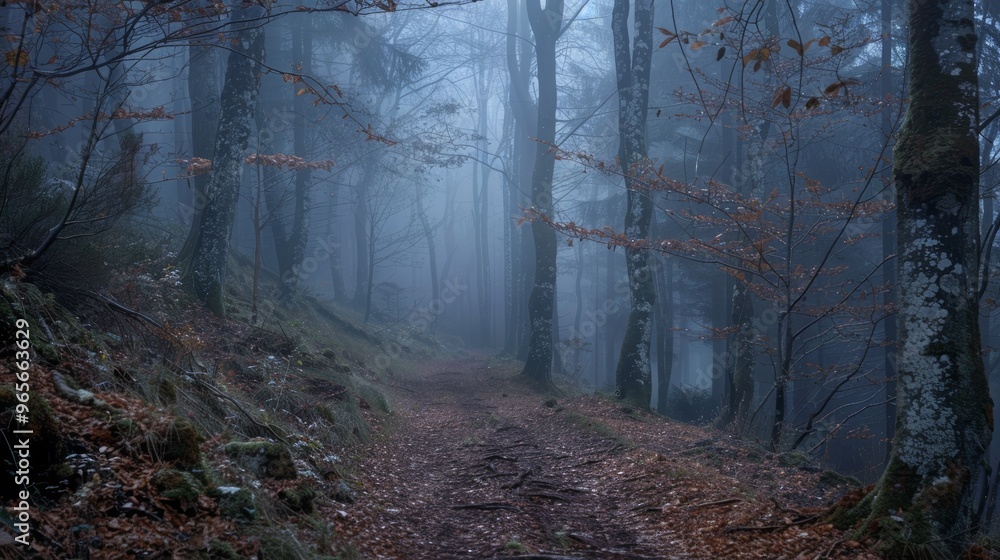 Aufkleber foreboding forest with foggy trail and looming trees