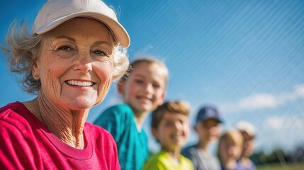 Obraz premium Elderly woman playing softball with her grandchildren, fun intergenerational game, senior softball, family sports