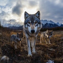 Fototapeta premium A wolf and two cubs walking in a field with mountains in the background