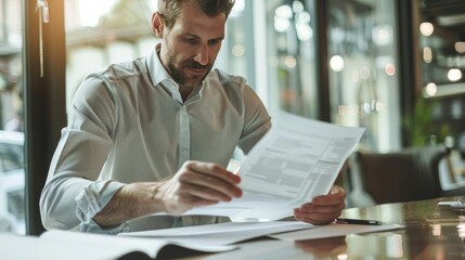 Fototapeta premium Focused businessman analyzing paperwork in a modern office