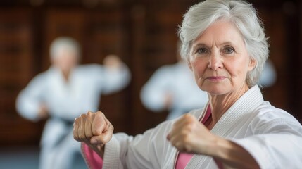 Elderly woman practicing selfdefense techniques in a martial arts dojo, senior selfdefense, empowerment