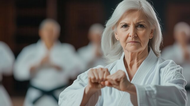 Elderly woman practicing selfdefense techniques in a martial arts dojo, senior selfdefense, empowerment
