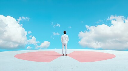 Obraz premium A solitary figure stands on a vast heart-shaped platform under a bright blue sky, embodying feelings of love and reflection.