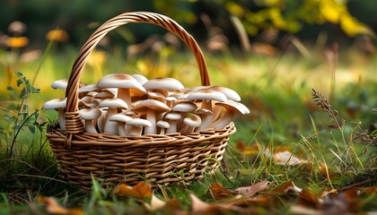 Bountiful harvest of mushrooms in a wicker basket on lush grass, celebrating natures gifts and the joy of outdoor foraging.