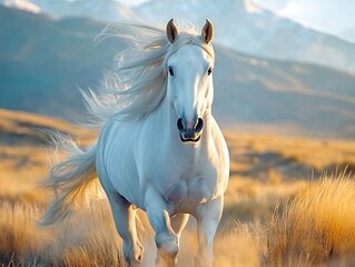 Obraz premium A white horse running in a field with mountains in the background