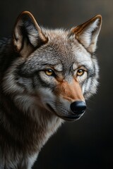 A close up of a wolf's face with yellow eyes